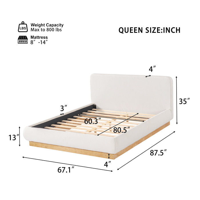 Queen Size Upholstered Platform Bed Frame, No Box Spring Required - Natural / White
