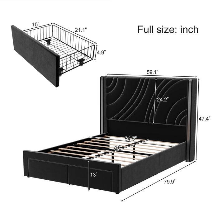 Modern Upholstered LED Bed Frame With Storage Drawers, Wingback Headboard, RGB Light