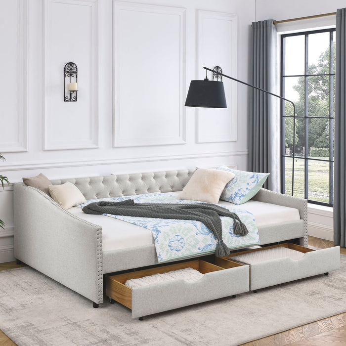 Upholstered Tufted Daybed With 2 Drawers, Waved Arms