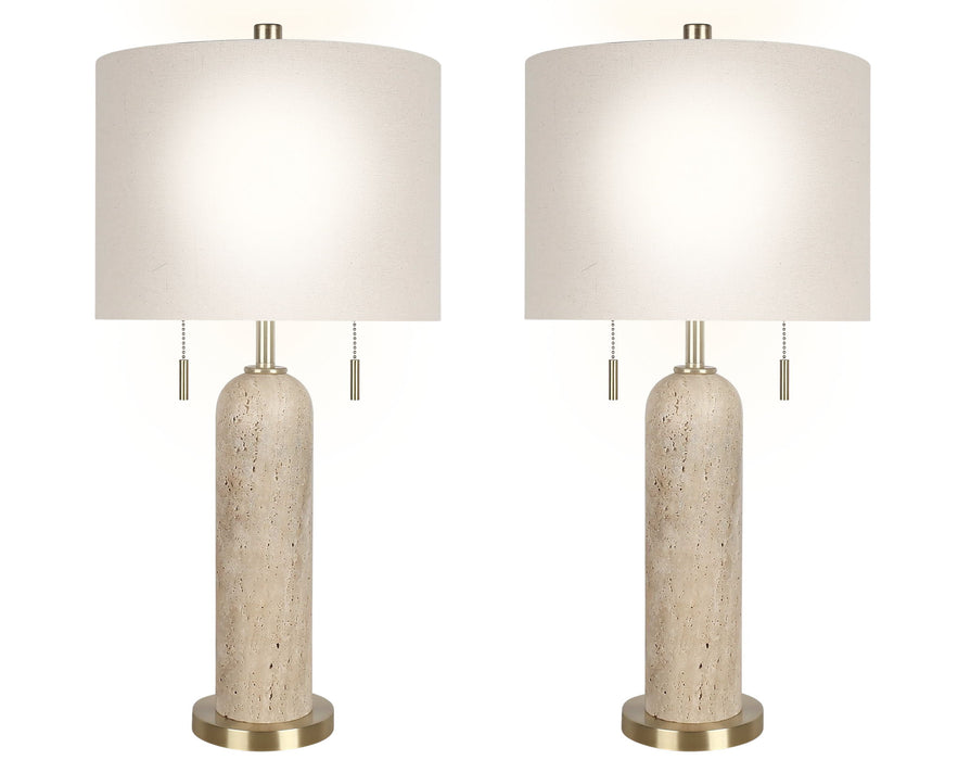 "Travertine Elegance" Travertine Table Lamp (Set of 2) - Travertine / Soft Gold