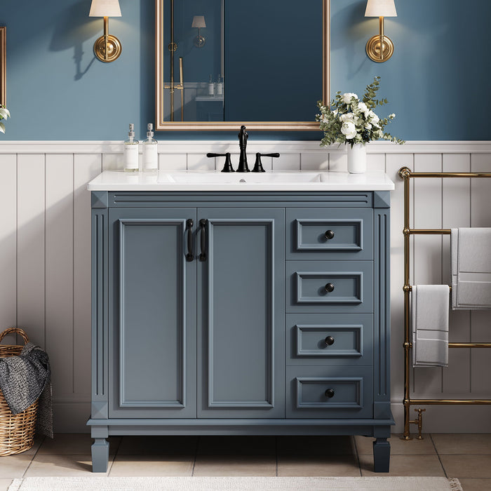 Bathroom Vanity With Sink And Storage, 2 Drawers, 1 Deep Drawer, Adjustable Shelf - Blue