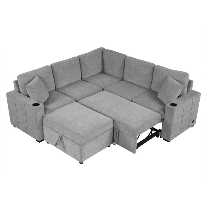 Sectional Sofa Convertible Pull-Out Sofa Bed With A Movable Storage Ottoman For Living Room