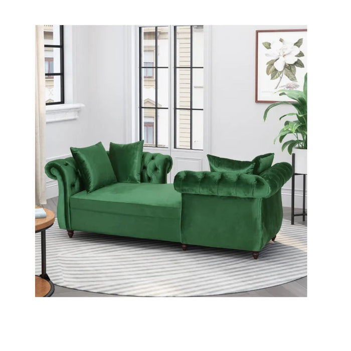 Lunarix - Velvet Fabric Chaise Lounge With Diamond Stitching And Turned Legs - Emerald