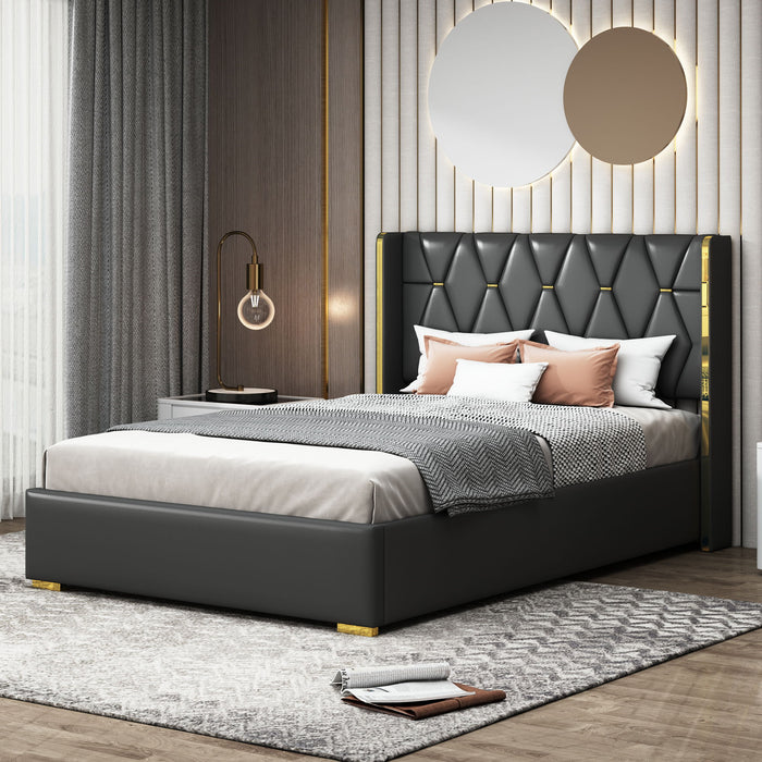 Upholstered Platform Bed With Strips - Black