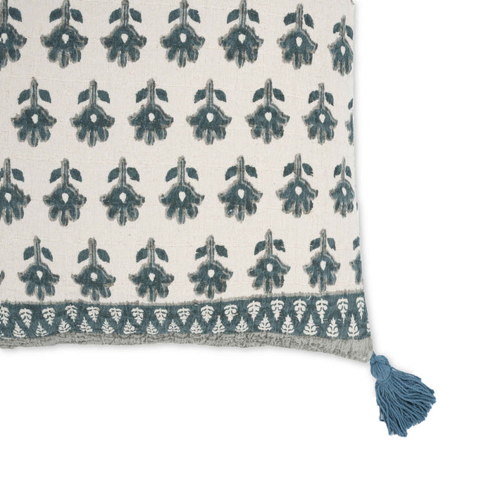 Blossom - 20" Printed Cotton Tassel Accent Cushion - Blue