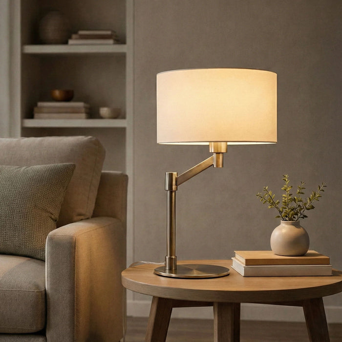 Horizon - Table Lamp With On / Off Switch Curved Base Linen Shade - Brushed Nickel / Silver / White