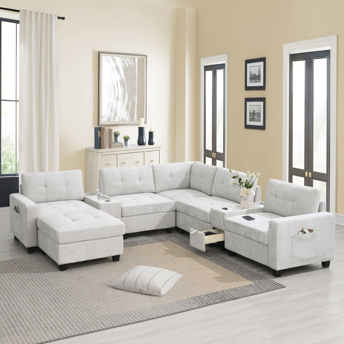 Sectional With Acrylic Table Top U Shaped Couch Set With 2 Consoles USB Charger, Storage Drawers And Pockets Movable Ottoman Tufted Sofa