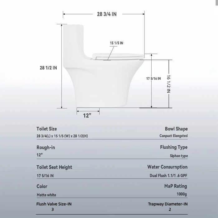 Elegant One Piece Toilet With Tornado Dual Flush, Siphonic S Trap 12", Soft Close Seat, Dual Flush, Ada Height, Glossy - Gloss White