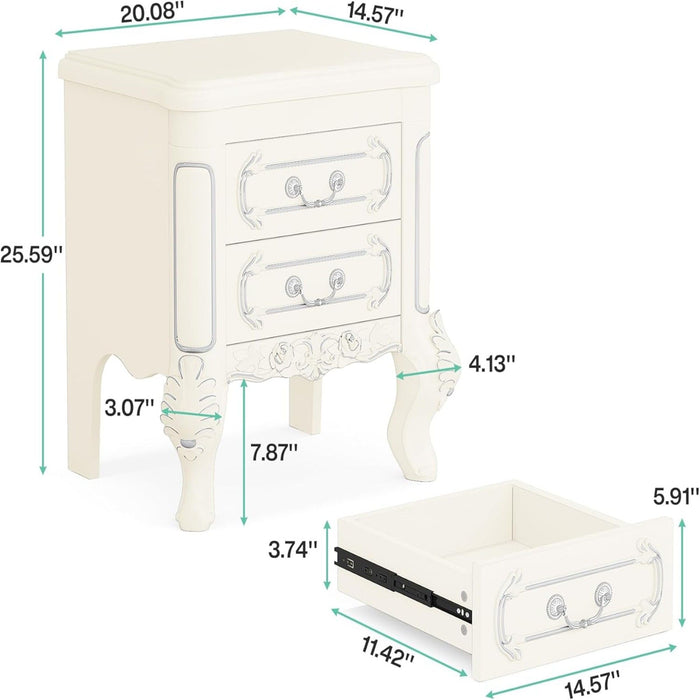 Carved Nightstand With 2 Drawers, Bedside Table - White