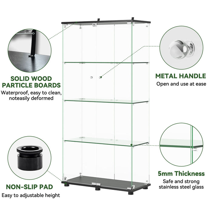 Modern Glass Display Cabinet With 4 Shelf Double Doors And Lock, Tempered Glass Bookshelf For Living Room - Black