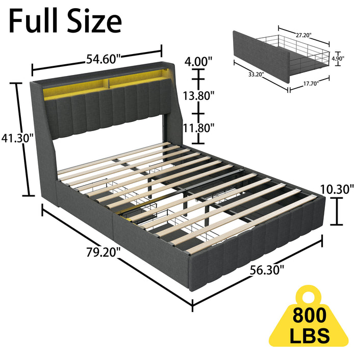 Bed With LED Lights, 4 Drawers, Winged Headboard Upholstered