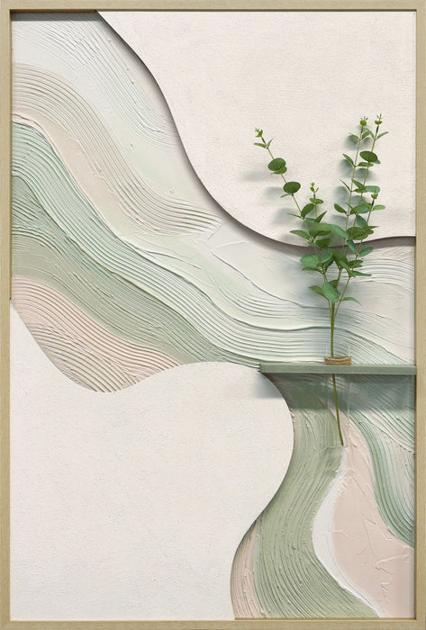 Sage Ribbon I - 33 X 48 - Hand-Painted Neon Canvas In Frame - White