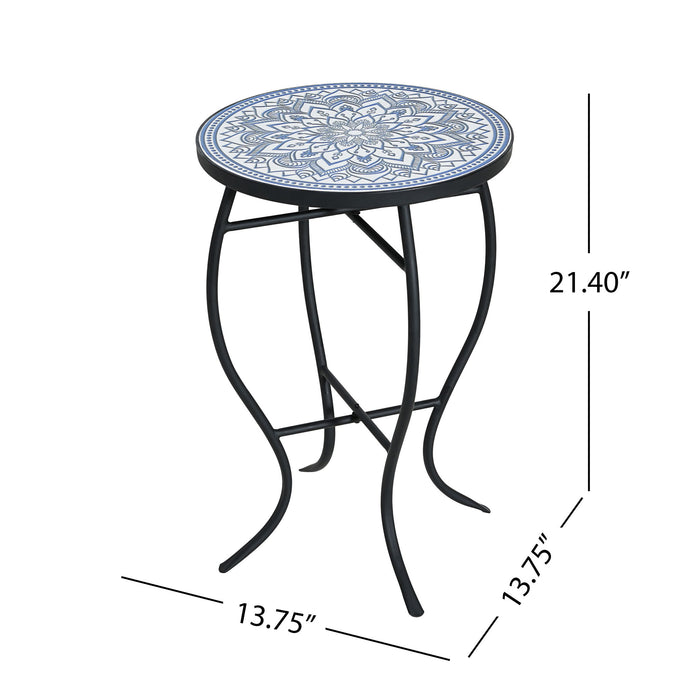 Outdoor Round Side Table With Mosaic Style Top And Curved Iron Legs