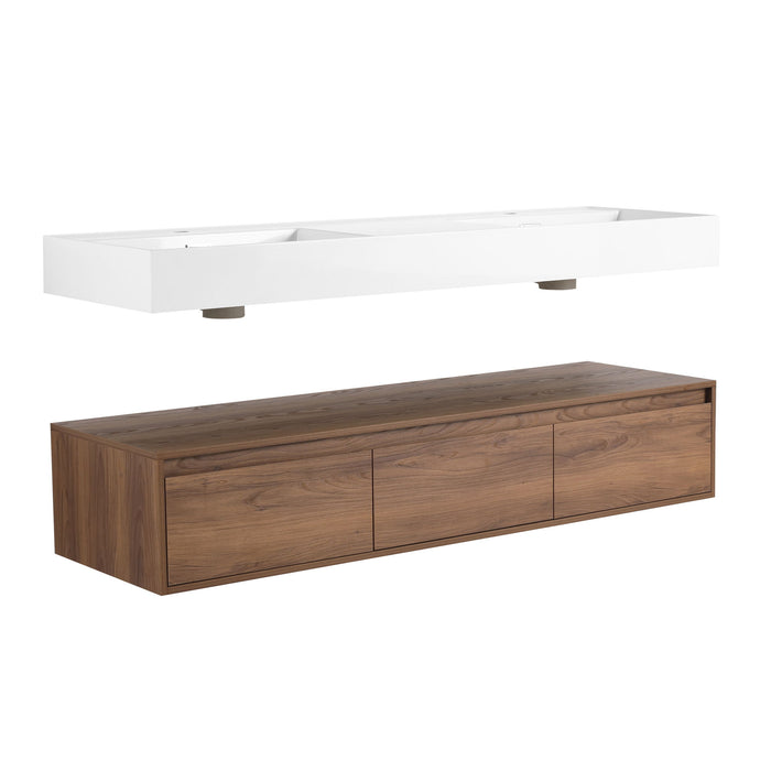 Contemporary Wall Mounted Bathroom Vanity With Dual Resin Sink And Soft Close Drawer
