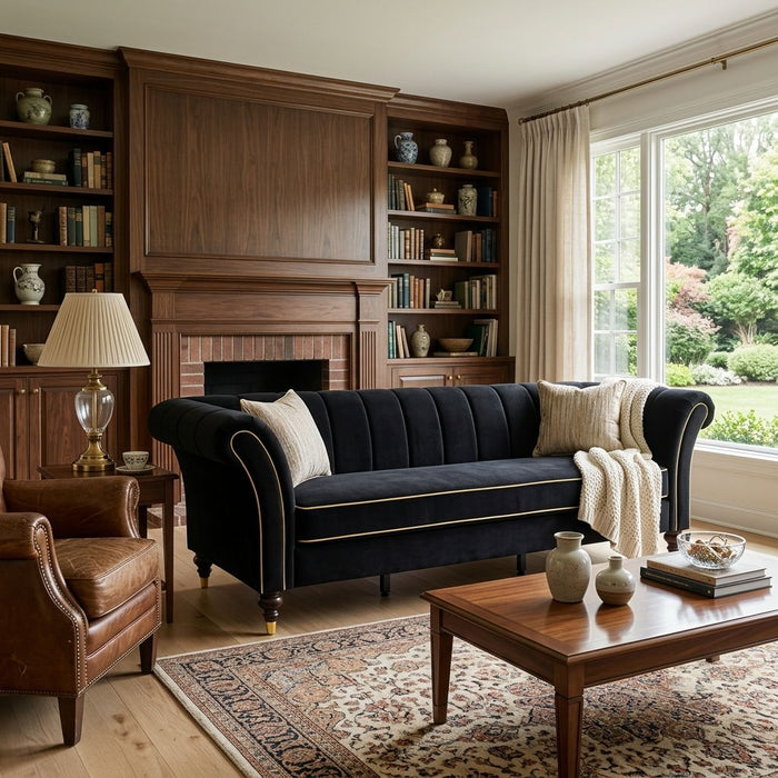 3 Seater Sofa With Rolled Arms, Vertical Channel Tufted Backrest