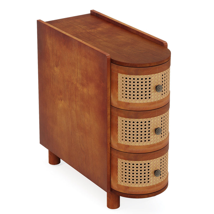 Narrow 3 Drawer End Table, Compact Nightstand For Living Room - Brown Oak