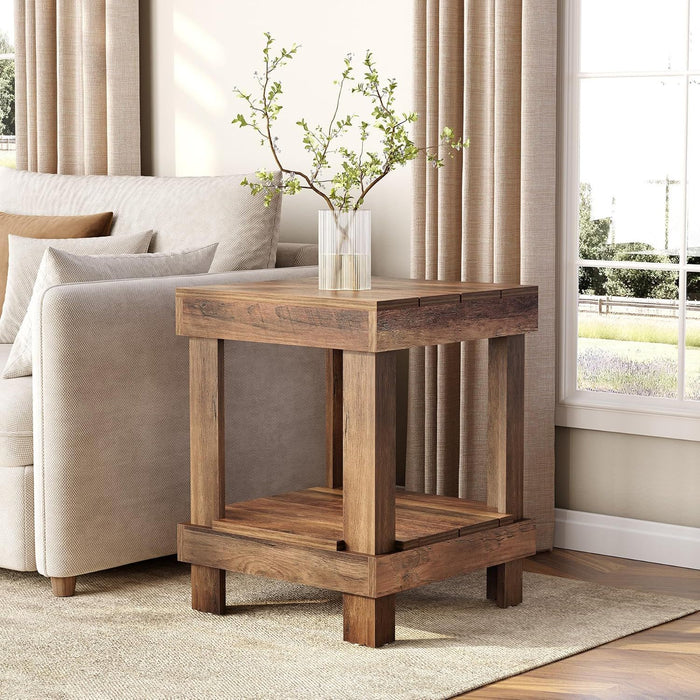 2 Tier End Table With Open Shelves, Compact Square Side Table For Living Room - Natural Wood