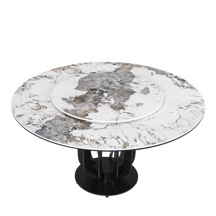 Round Dining Table With Carbon Steel Base And Lazy Susan Industrial Style - Black / White
