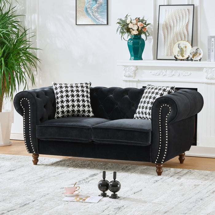 Chesterfield Velvet Upholstery Fabric Loveseat With Roll Armrest And Nailhead