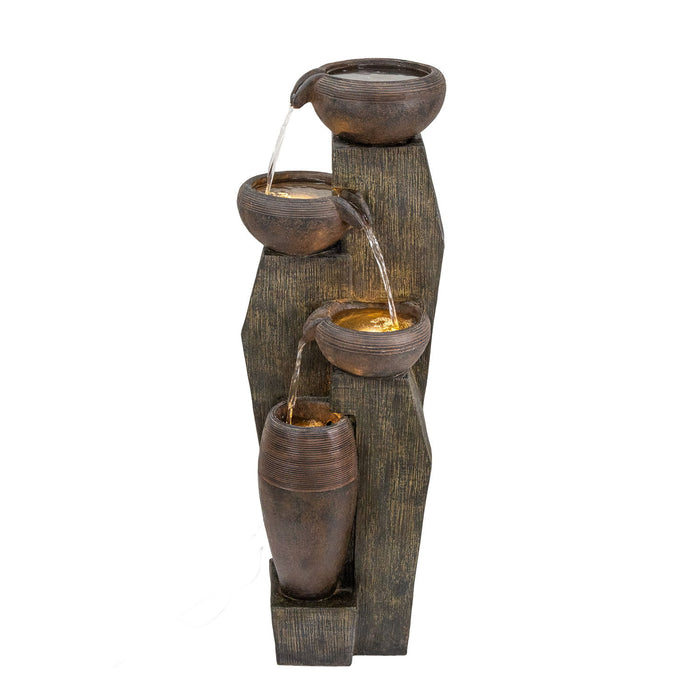 Outdoor Water Fountain, 4 Tier Cascading Bowl With Warm LED Lights For Patio - Brown / Tan