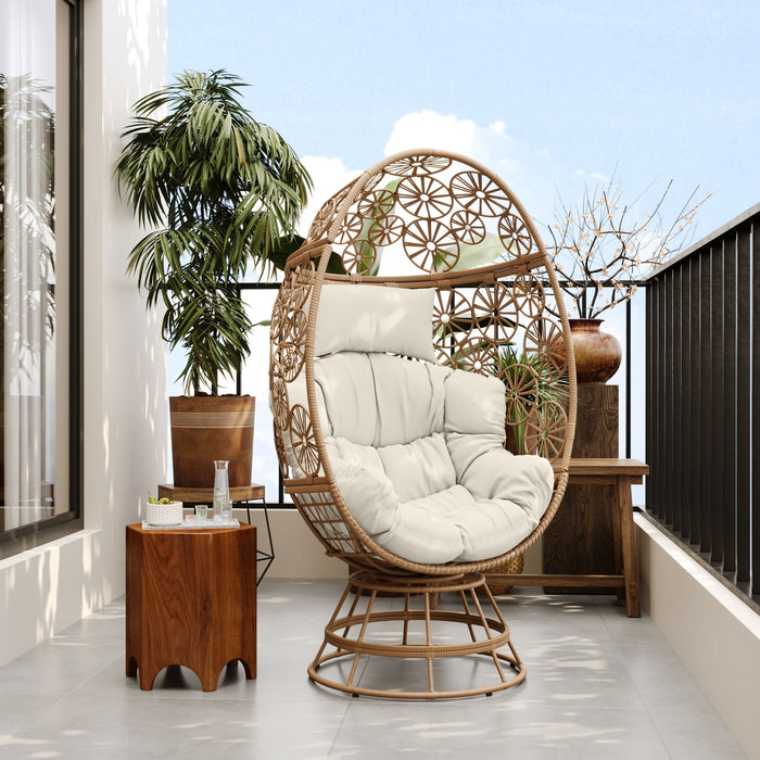 Lenola - Outdoor Patio Wicker Swivel Egg Chair - Brown / Beige