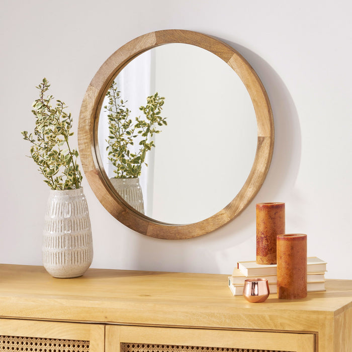 Mango Wood Round Mirror With Glass Surface - Natural