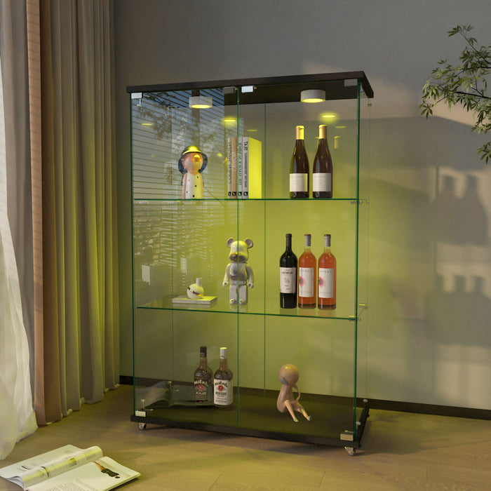 Modern Display Cabinet With LED Lights, Transparent Tempered Glass 2 Door Storage Case With 3 Shelves