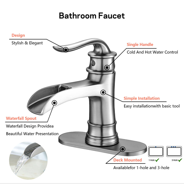 Waterfall Spout Bathroom Faucet With Single Handle And Pop Up Drain - Brushed Nickel