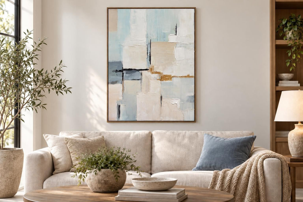 Quiet Intervals I - 35 X 47 - Hand-Painted Canvas In Frame - Ivory, Pale Blue, Beige, Gray, Black, Ochre
