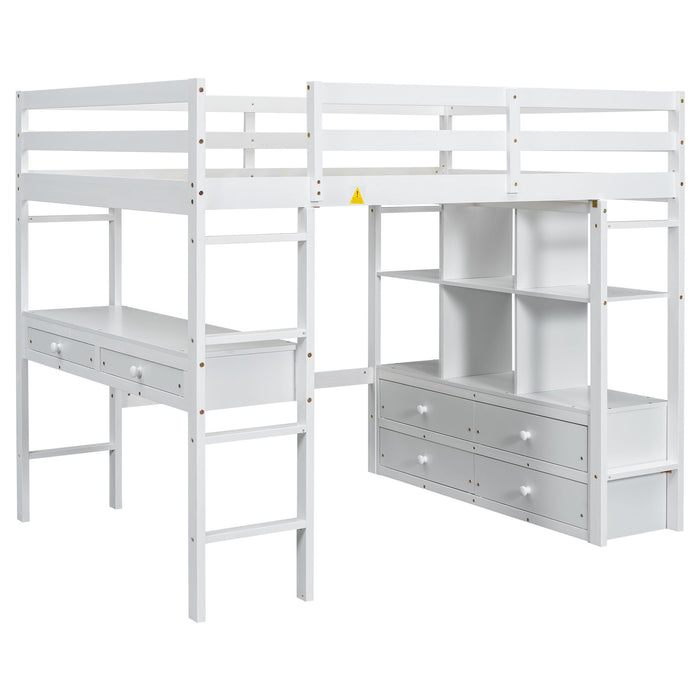 Full Size Loft Bed With Built In Desk, 2 Drawers, Storage Shelves - White