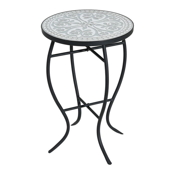 Outdoor Round Side Table With Mosaic Style Top And Curved Iron Legs