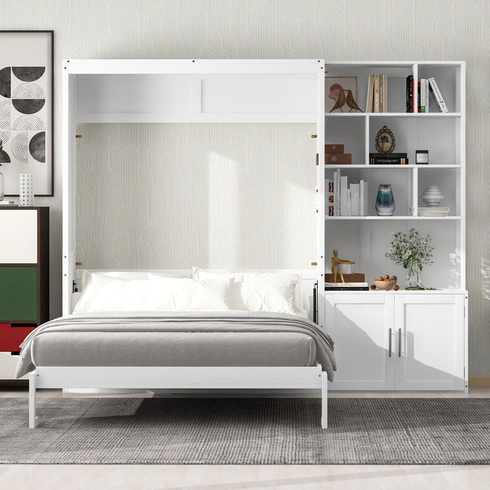 Full Size Murphy Bed With Multiple Storage Shelves And A Cabinet - White