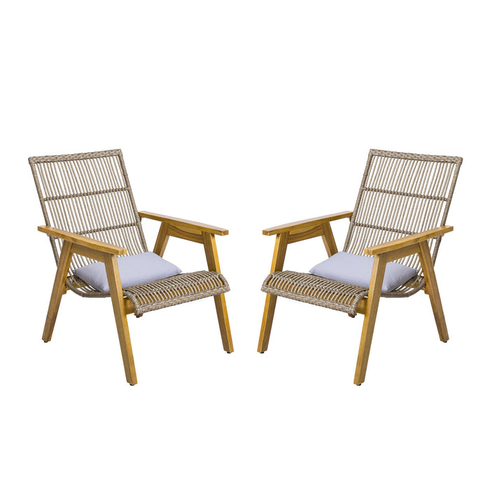 Acacia Wood Cape Woven Wicker Large Lounge Chair With Pillow For Patio, Deck, Yard, Lawn And Garden Seating Wicker (Set of 2) - Teak