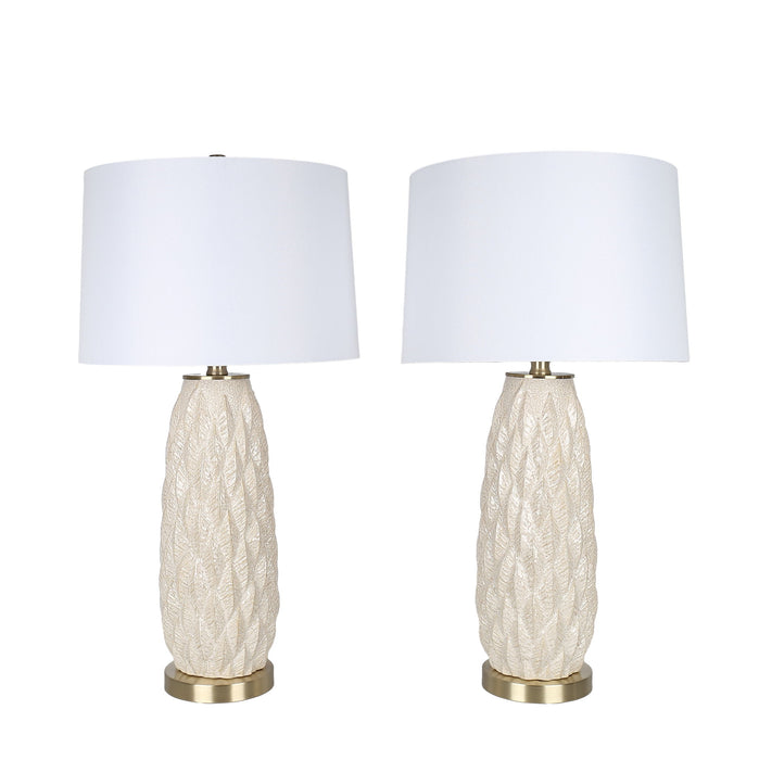 Textured Leaves Carved Ceramic & Metal Table Lamp (Set of 2) - Beige / Soft Gold