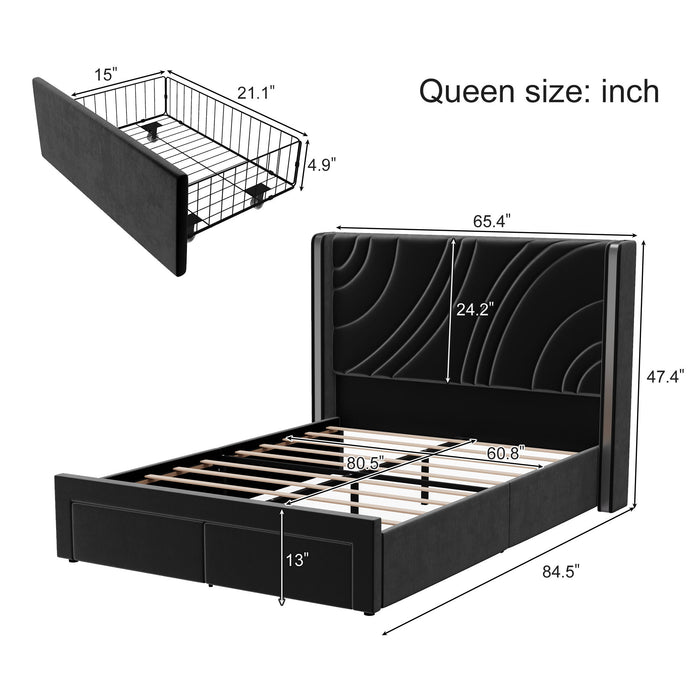 Modern Upholstered LED Bed Frame With Storage Drawers, Wingback Headboard, RGB Light