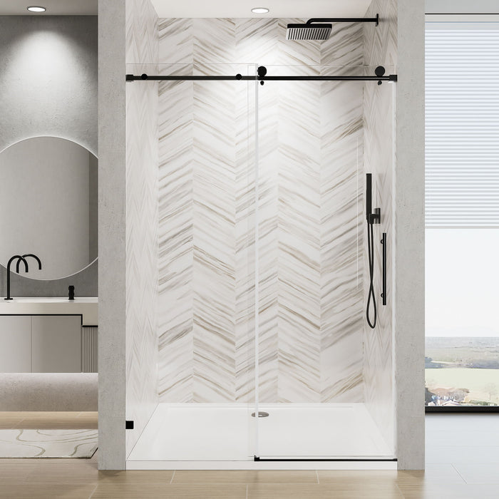 Frameless Single Sliding Soft Close Shower Door, 5 / 16" Clear Nano Coated Tempered Glass And 304 Stainless Steel Handle - Matte Black
