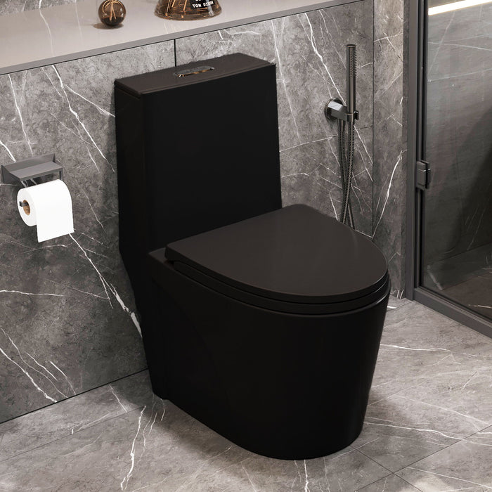 1.1 / 1.60 Gpf Dual Flush 1 Piece Toilet, Water Saving Elongated Comfort Height Floor Mounted, Soft Close Seat, 1000 Gram Map Flushing Score Toilet - Matte Black