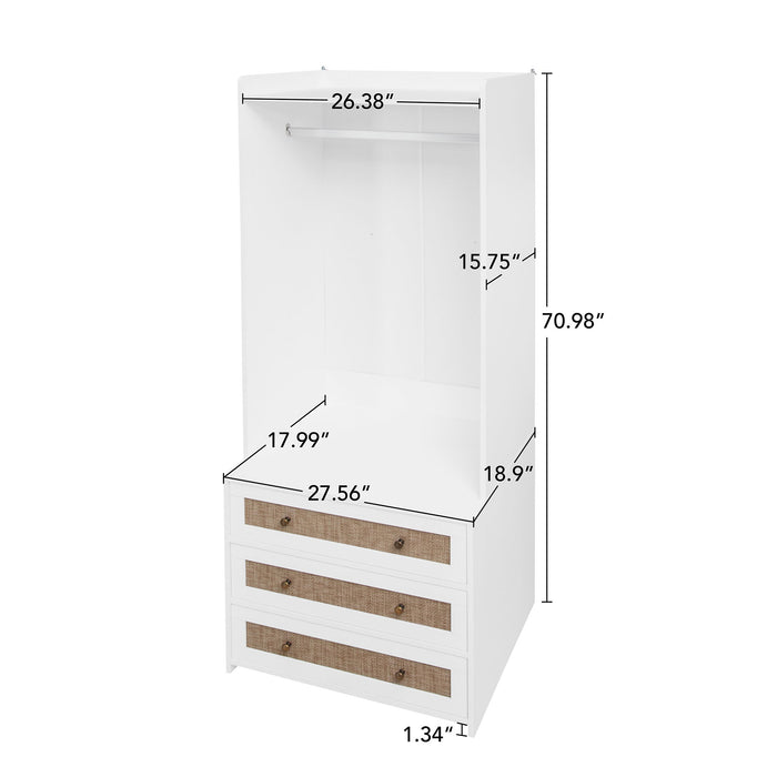 Wardrobe With 3 Drawers High Wardrobe Armoire With Rattan For Living Room Organizer - White