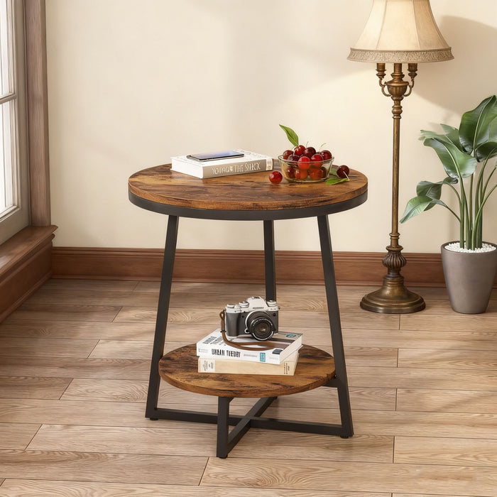Round End Table With Hairpin Legs, 2 Tier For Living Room - Rustic Brown