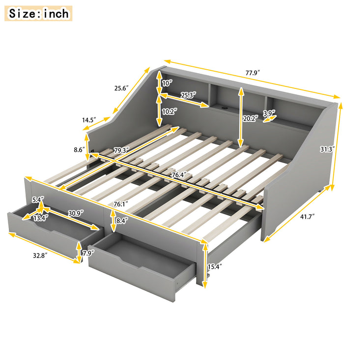 Daybed Frame With Storage Bookcases, 2 Drawers, Charging Station