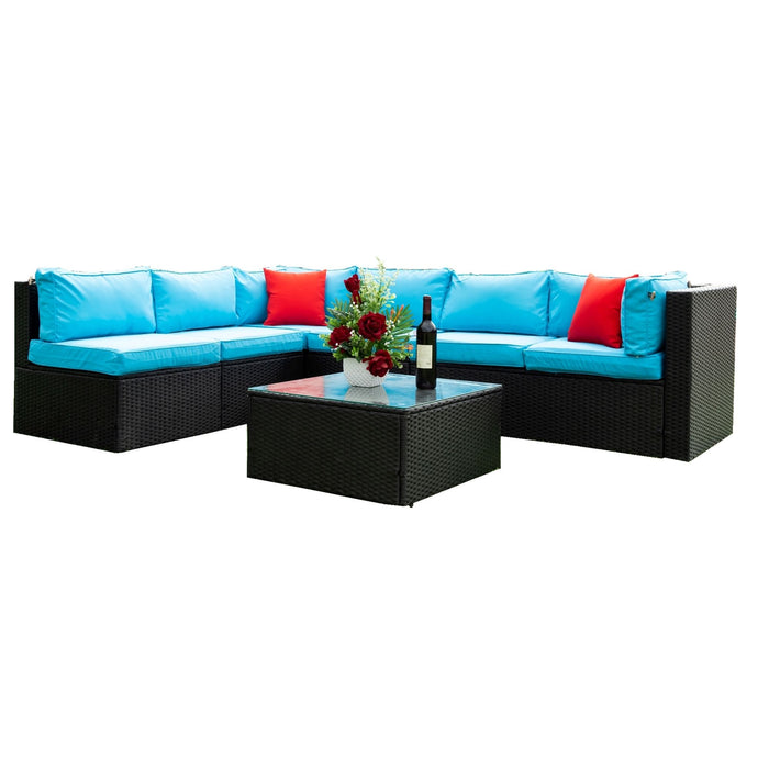 5 Pieces Rattan Sectional Outdoor Furniture Cushioned U Sof Set With 2 Pillow - Black / Blue