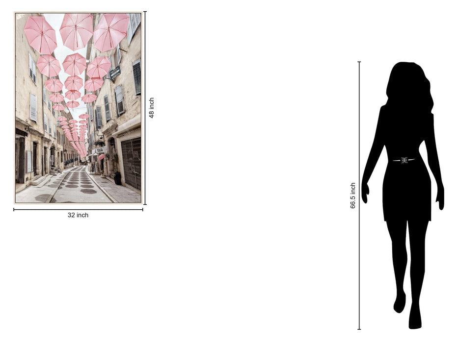 Pink Umbrellas Promenade Gloss Canvas In Frame - Pink / Ivory