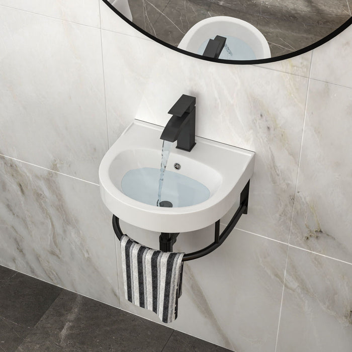 Wall Mounted Bathroom Sink With Towel Bar And Faucet - White / Black