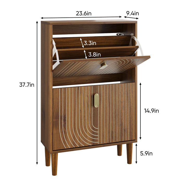 Modern Minimalist Shoe Storage Cabinet With 2 Flip Drawers And Metal Handles - Brown