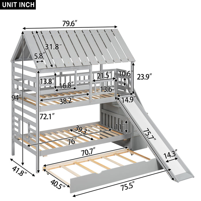House Bunk Bed With Trundle, Storage Staircase, Roof And Window Design