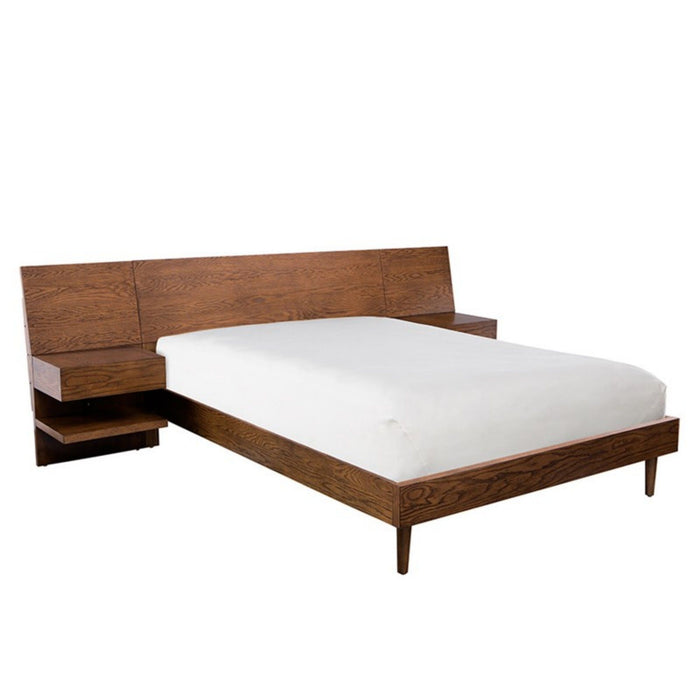Queen Size Bed With Attached Nightstands And Hidden Storage - Pecan