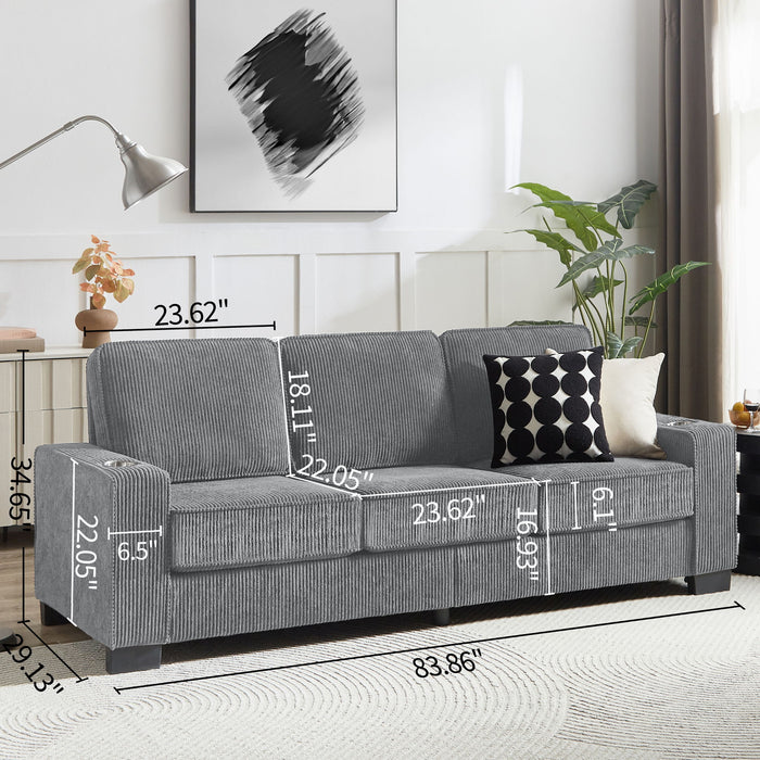 Modern Corduroy Fabric Sofa, 3 Seater Compressed Couch With Cup Holders