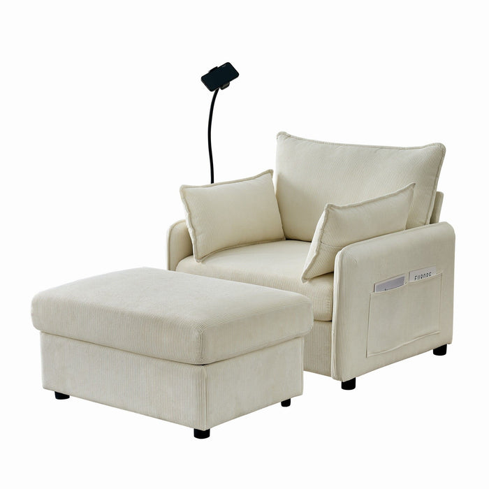 Comfy Corduroy Oversized Chaise Lounge Chair With Ottoman And Storage