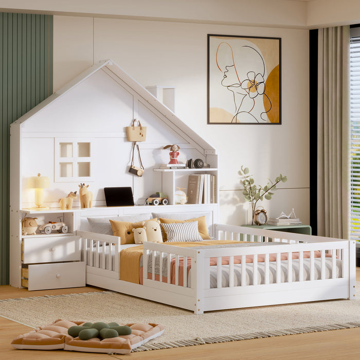 Full Size House Bed With Window And Bedside Drawers, Platform Bed With Shelves And A Set Of Sockets And USB Port - White