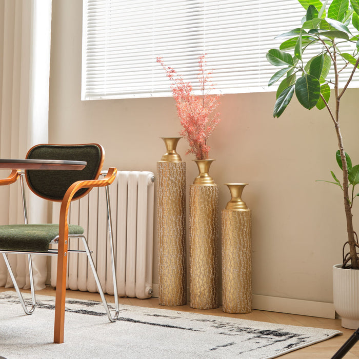 Metal Decorative Vases High Distress Metal Center Vases With Growing Vine Patterns, (Set of 3) Vases For Home Decoration - Gold